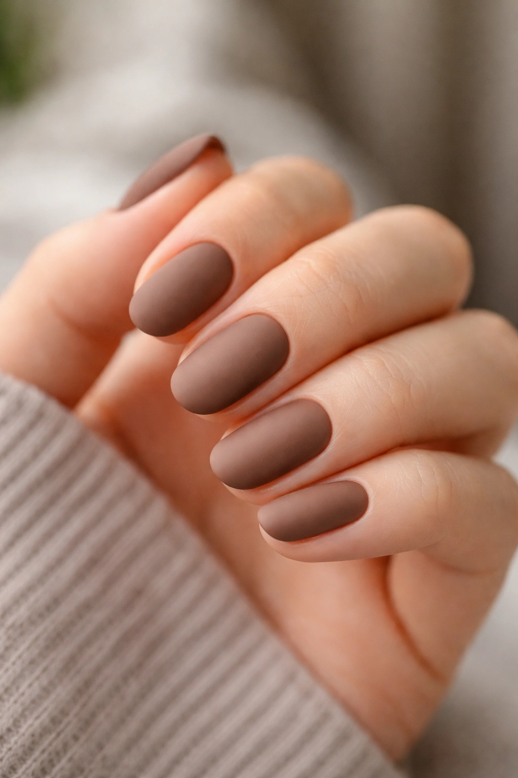 Close-up of a hand with short oval nails in matte mocha brown