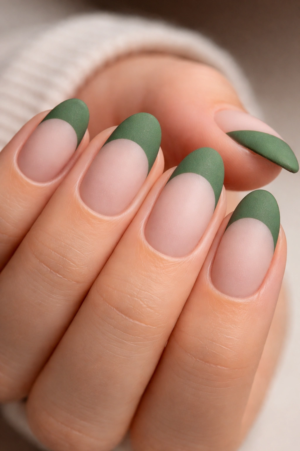 Close-up of short almond nails with matte moss green French tips