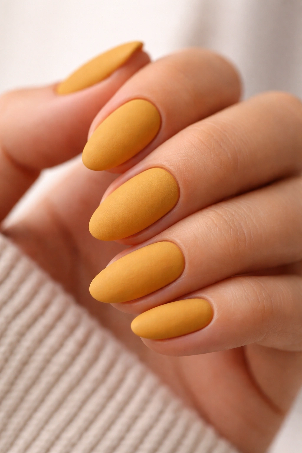Short almond nails matte mustard color