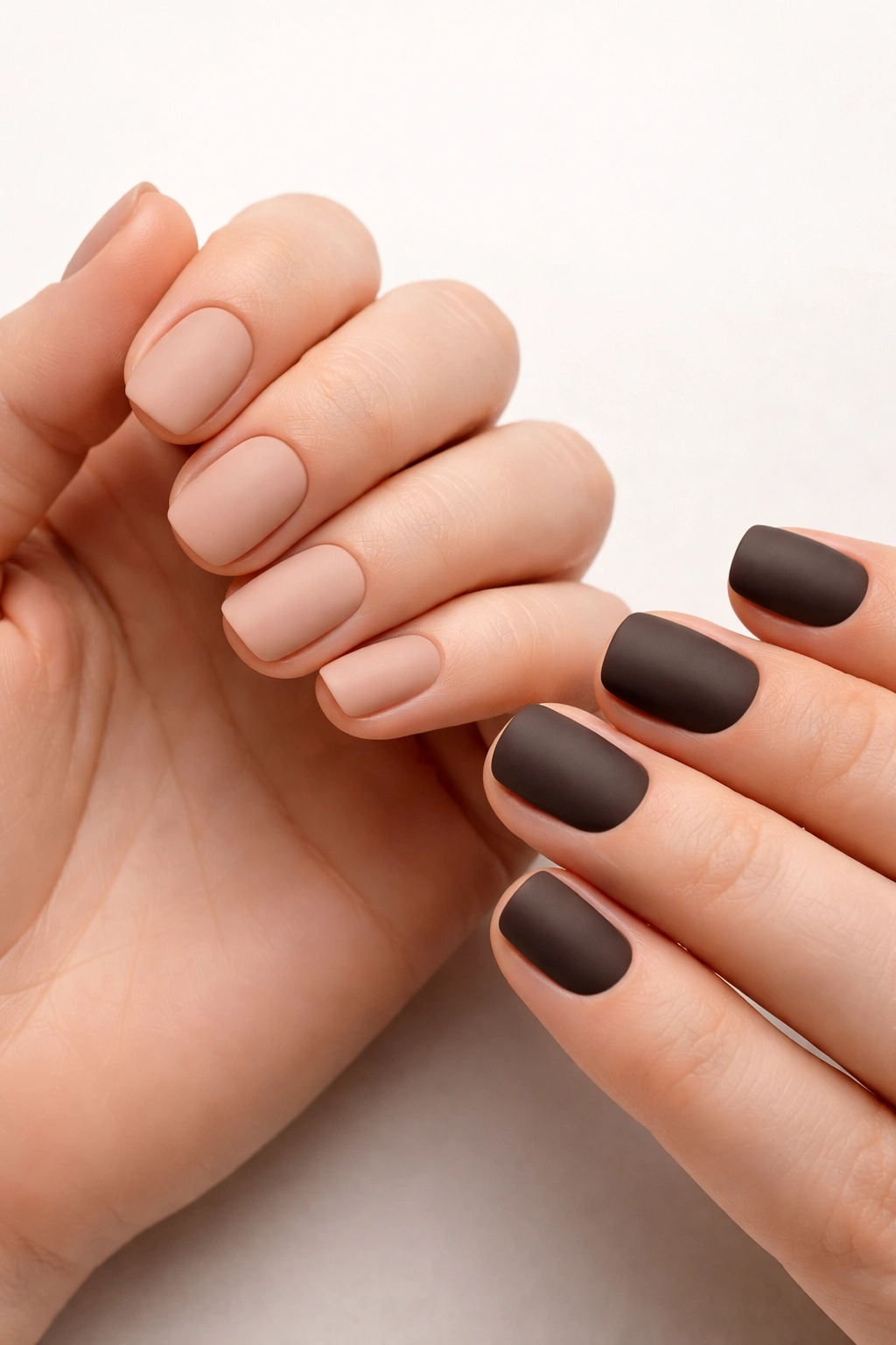 Close-up of matte finished nails showing a modern sophisticated look.