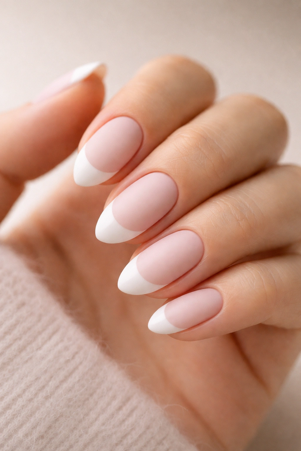 Close-up of short almond nails with soft pink matte base and white tips.