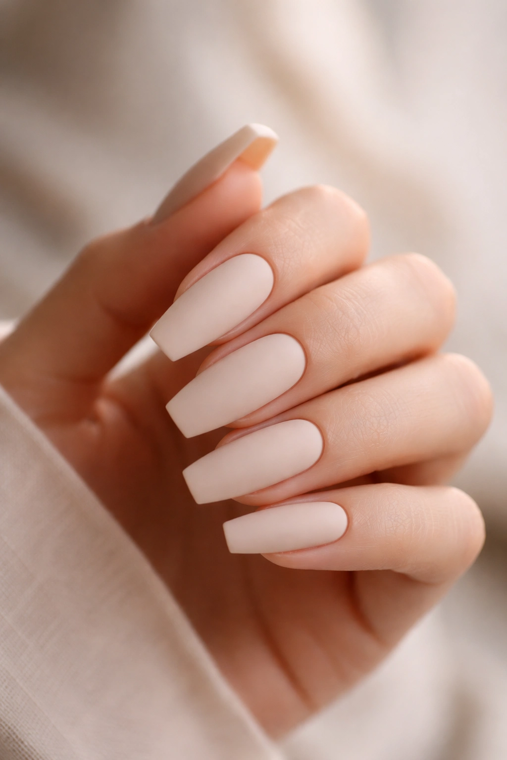 Close-up of medium-length matte ballerina nails with a velvety texture