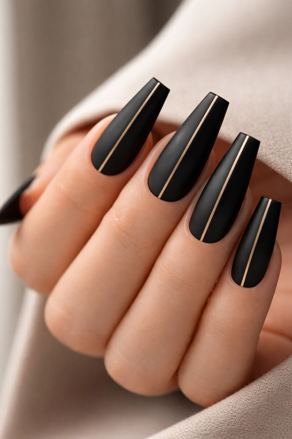 Close-up of matte black reverse stiletto nails with a thin gold line