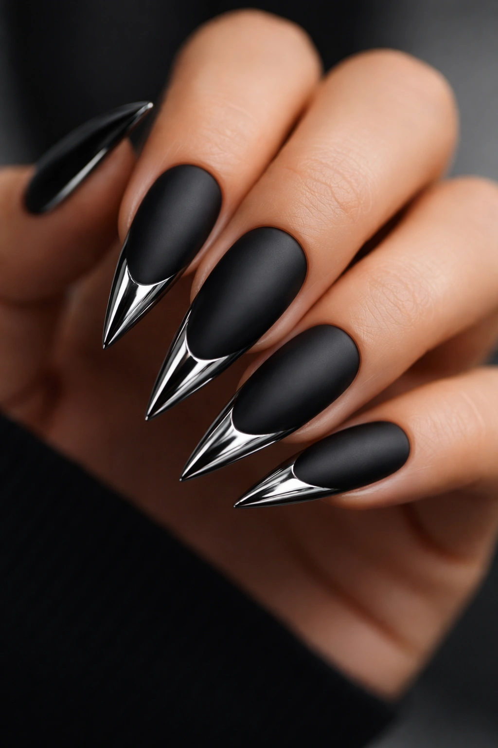 Close-up of matte black stiletto nails with chrome tips on a studio surface