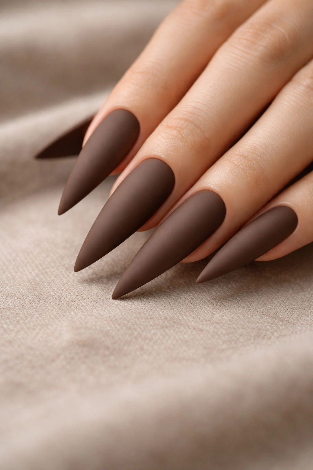 Close-up of matte cocoa brown stiletto nails with velvety finish on neutral background