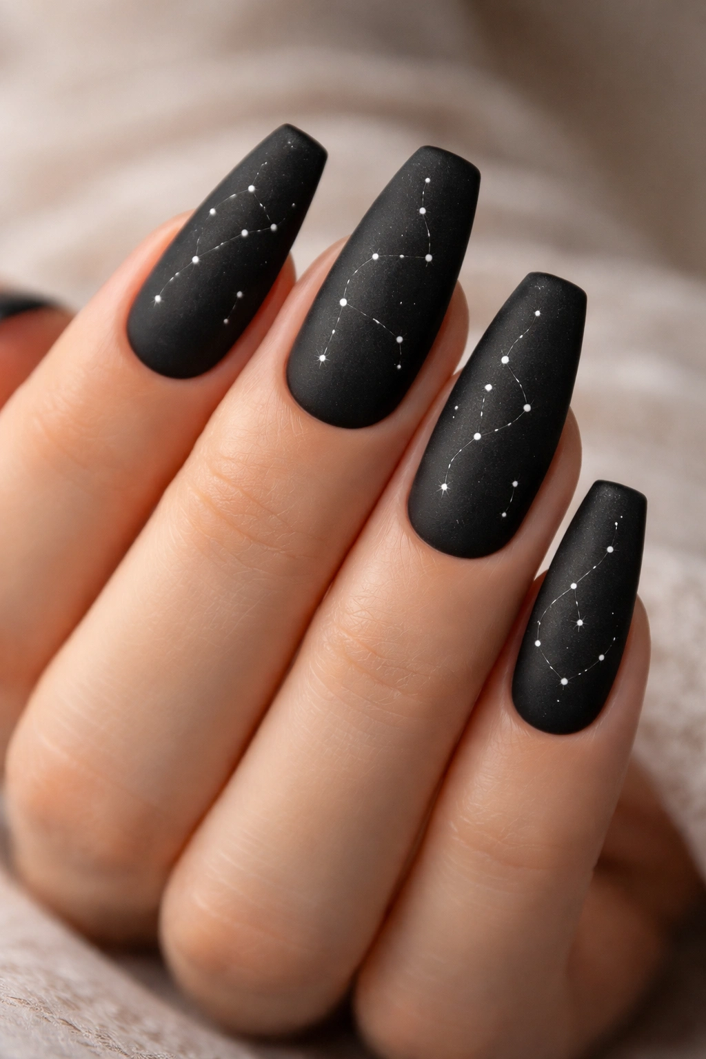 Close-up of matte black coffin nails with tiny white constellation dots.