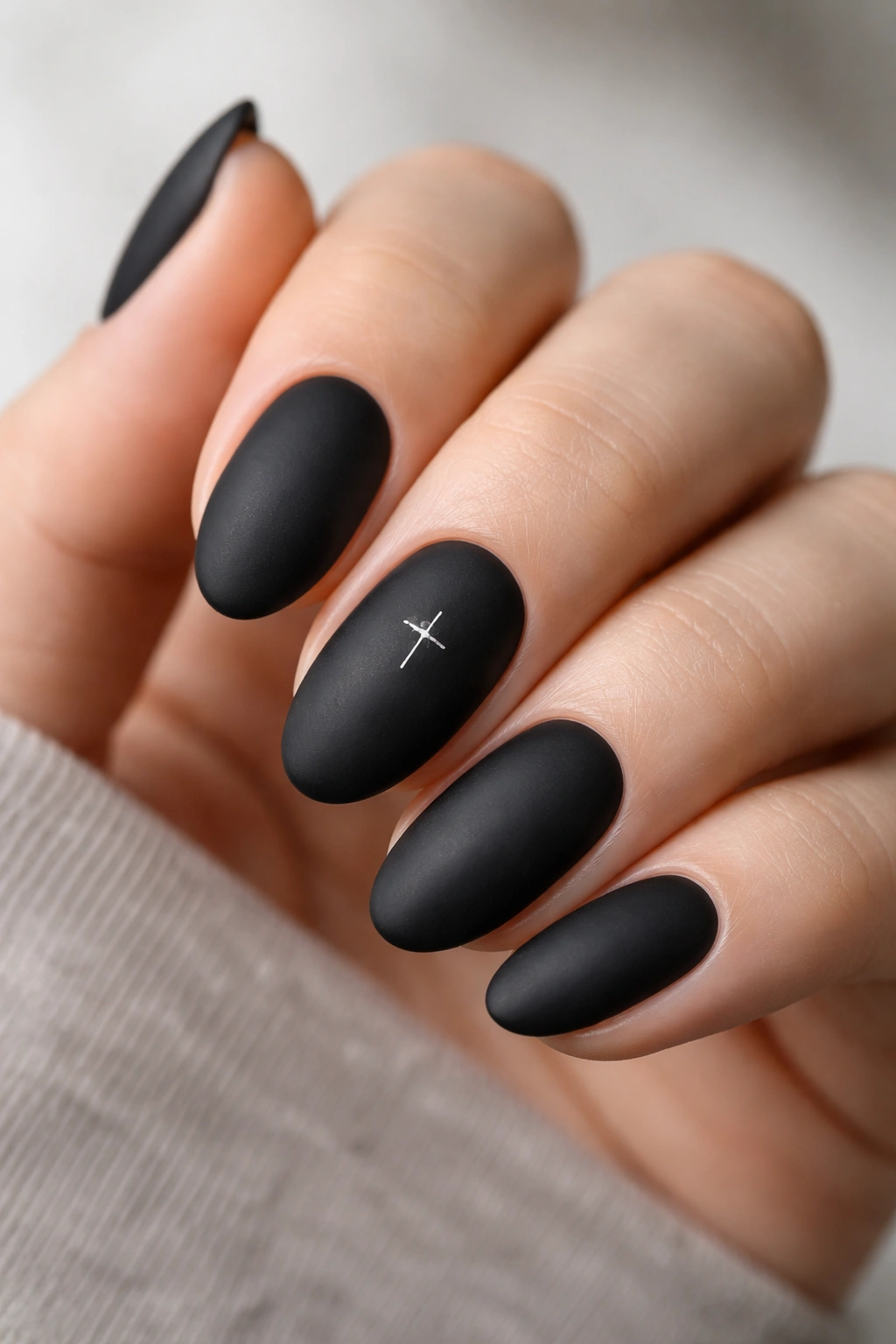 Close-up of matte black almond nail with a tiny cross detail on an accent nail