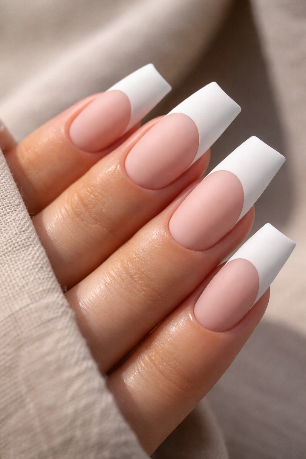 Matte white tip duck nails on a nude base with a velvety finish.