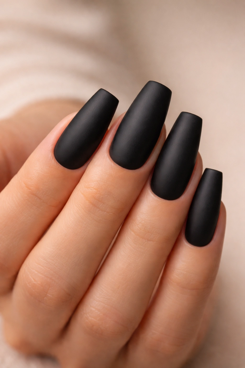 Close-up of matte black ballerina nails emphasizing crisp edges and smooth finish.