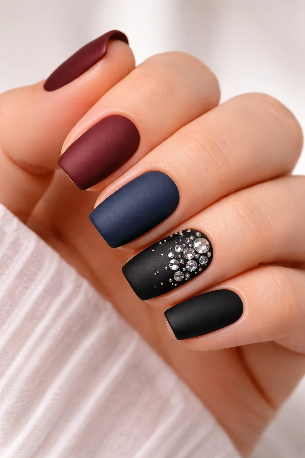 Close-up of matte nails with scattered gems on accent nails.