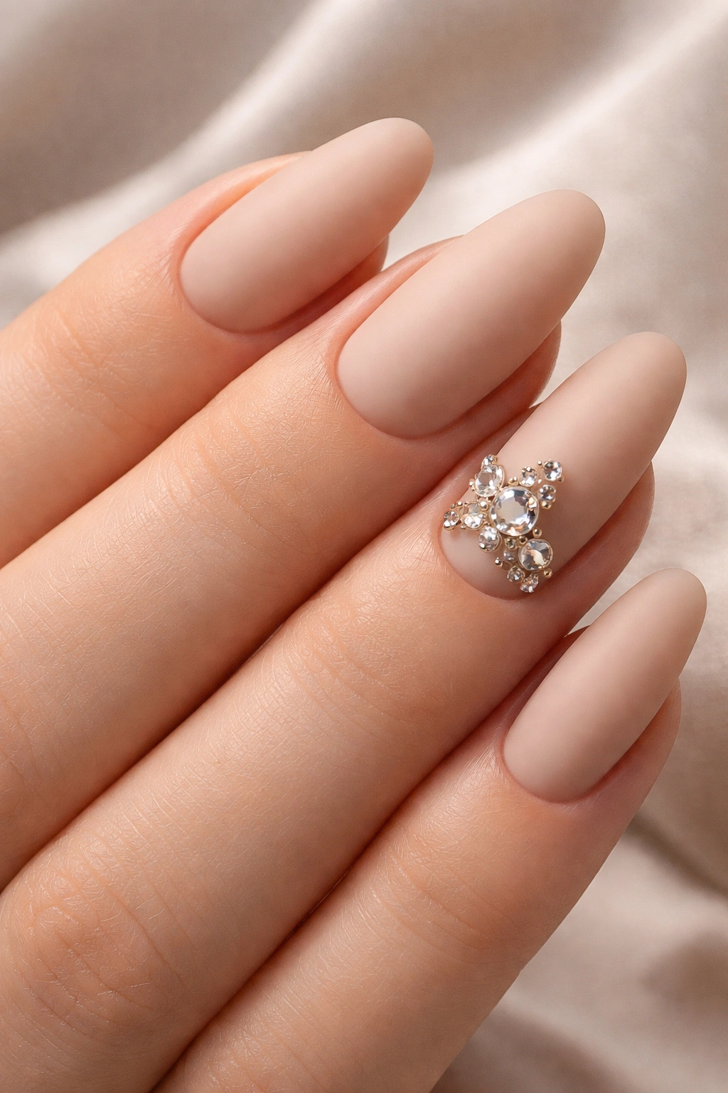 Close-up of long round acrylic nails with matte neutral base and gem accents