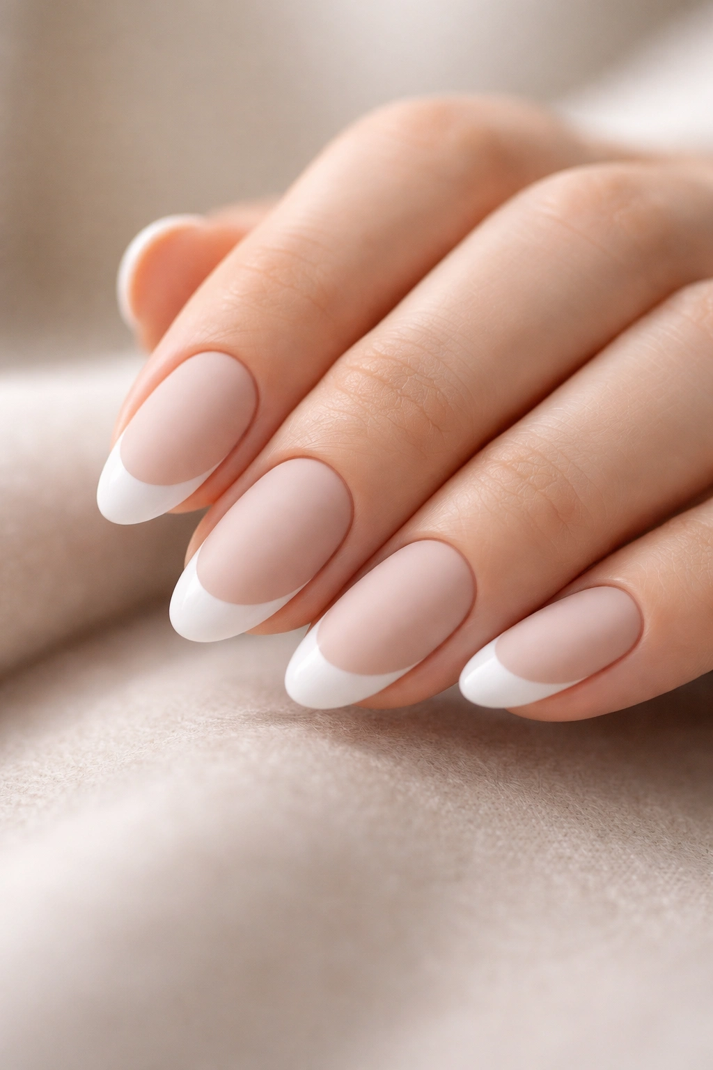 Close-up of short almond nails with matte body and glossy tip