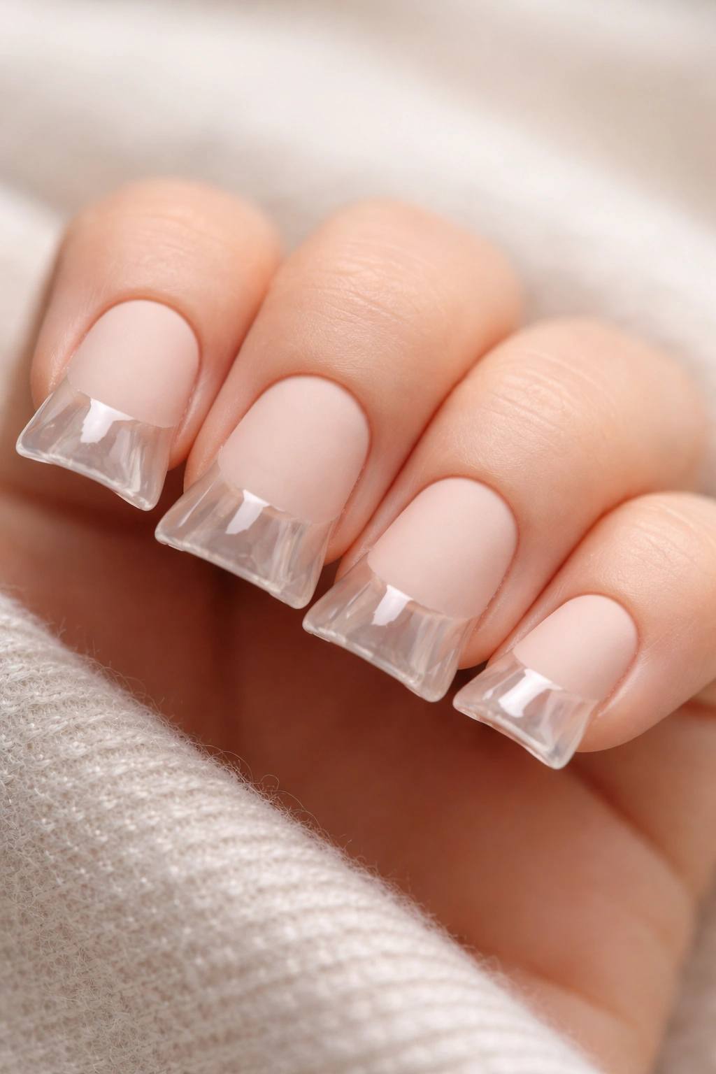 Close-up of nails with matte base and glossy duck tip
