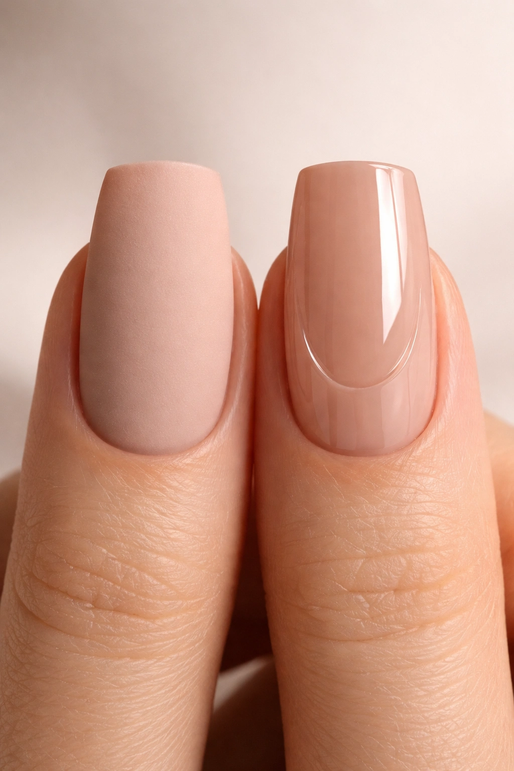 Close-up of two duck nails showing matte and glossy finishes on the curved tips
