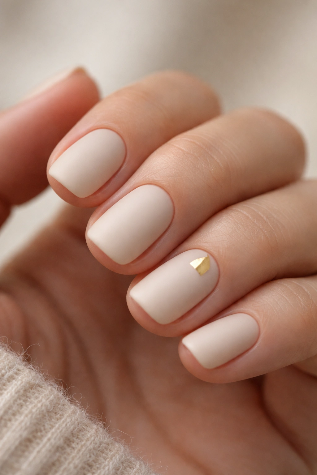 Close-up of matte warm cream nails with a single small gold geometric accent on one nail