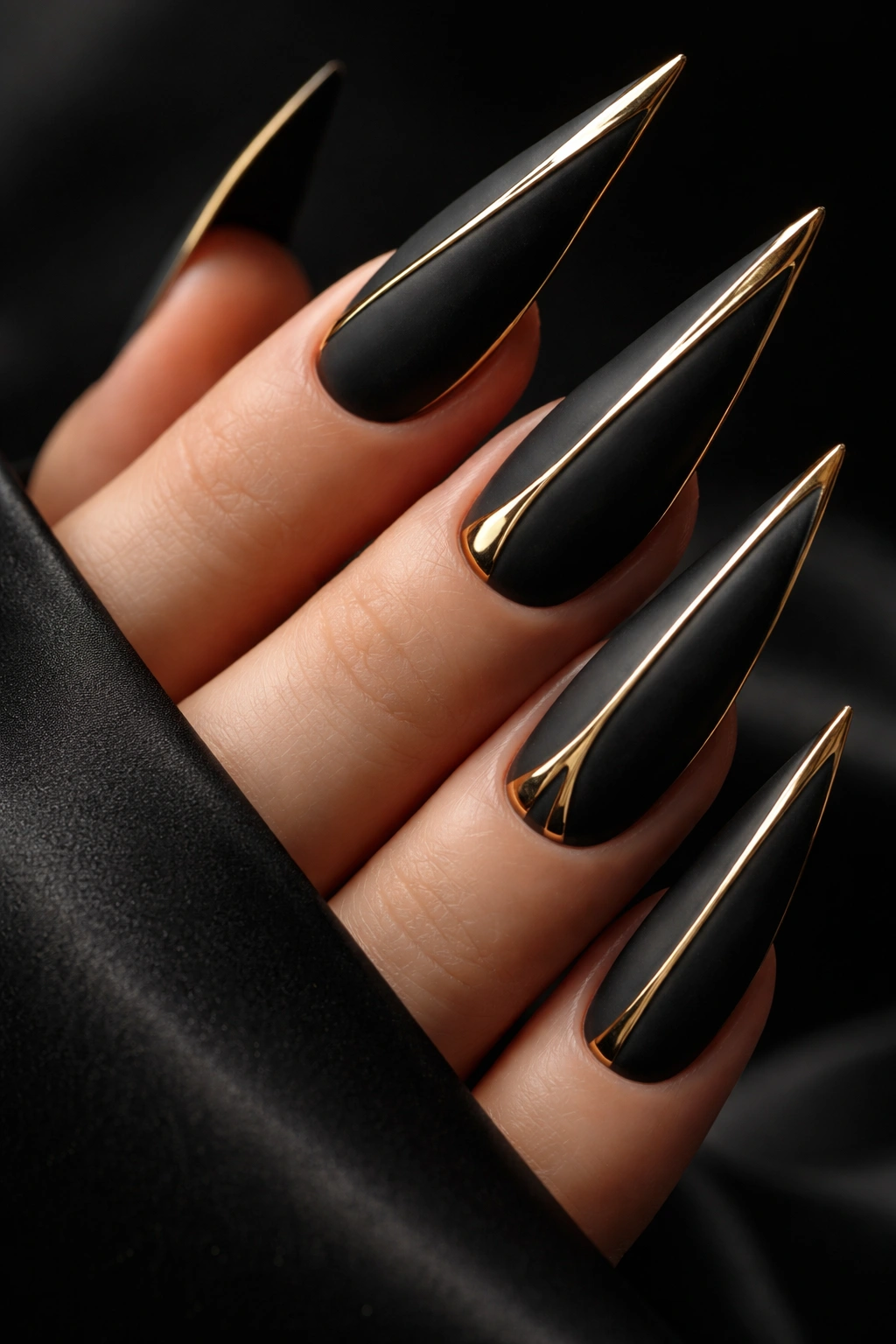 Close-up of matte black stiletto nails with gold accents