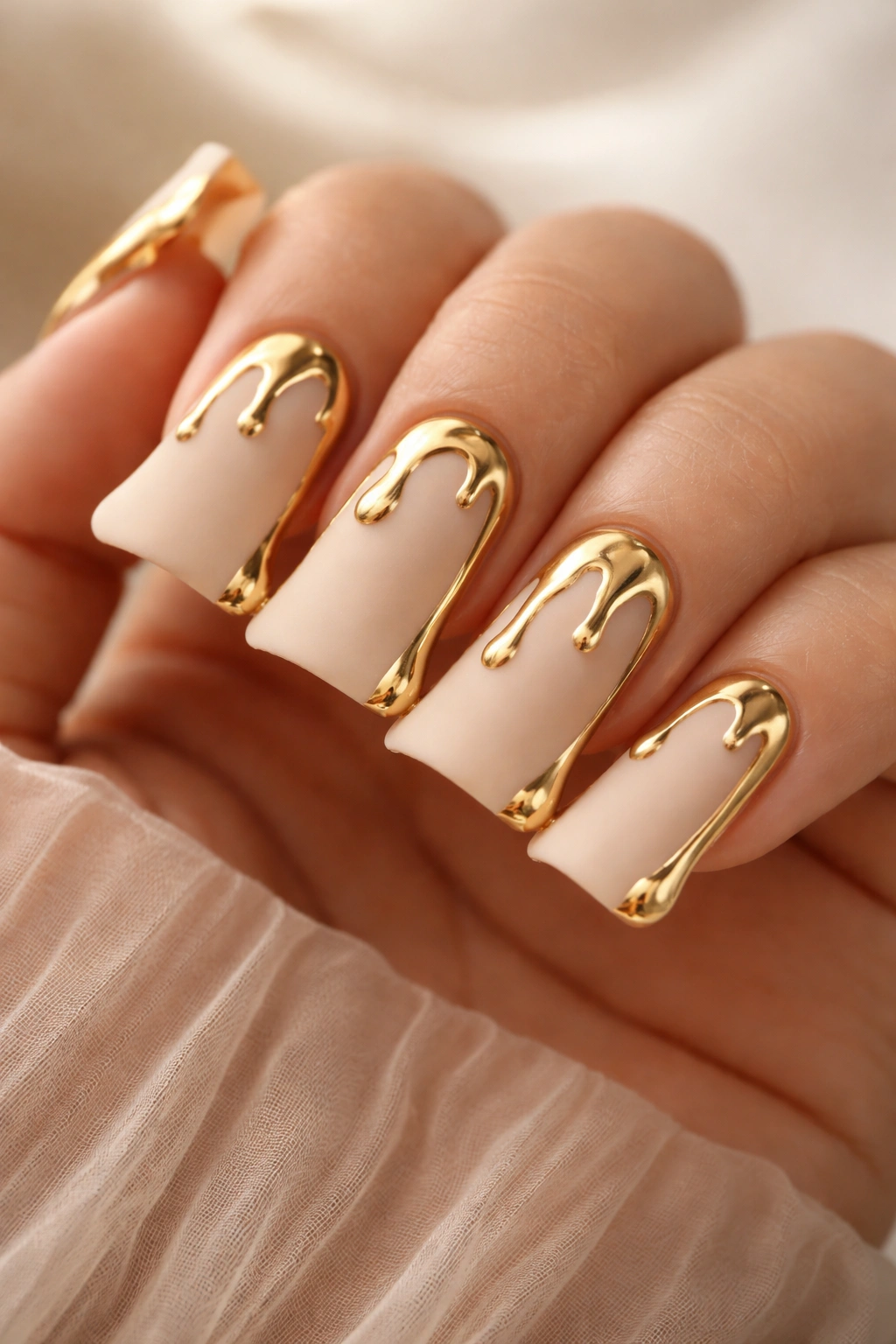 Close-up of duck nails with matte nude base and glossy gold drip accents