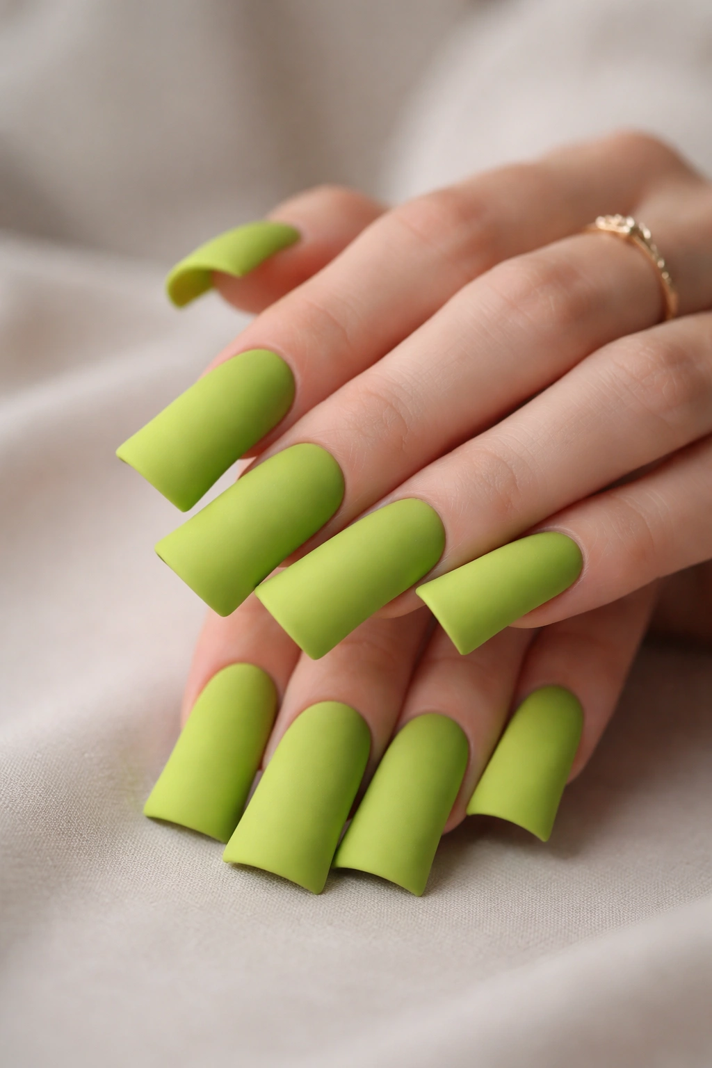 Matte lime green duck nails with velvety matte finish