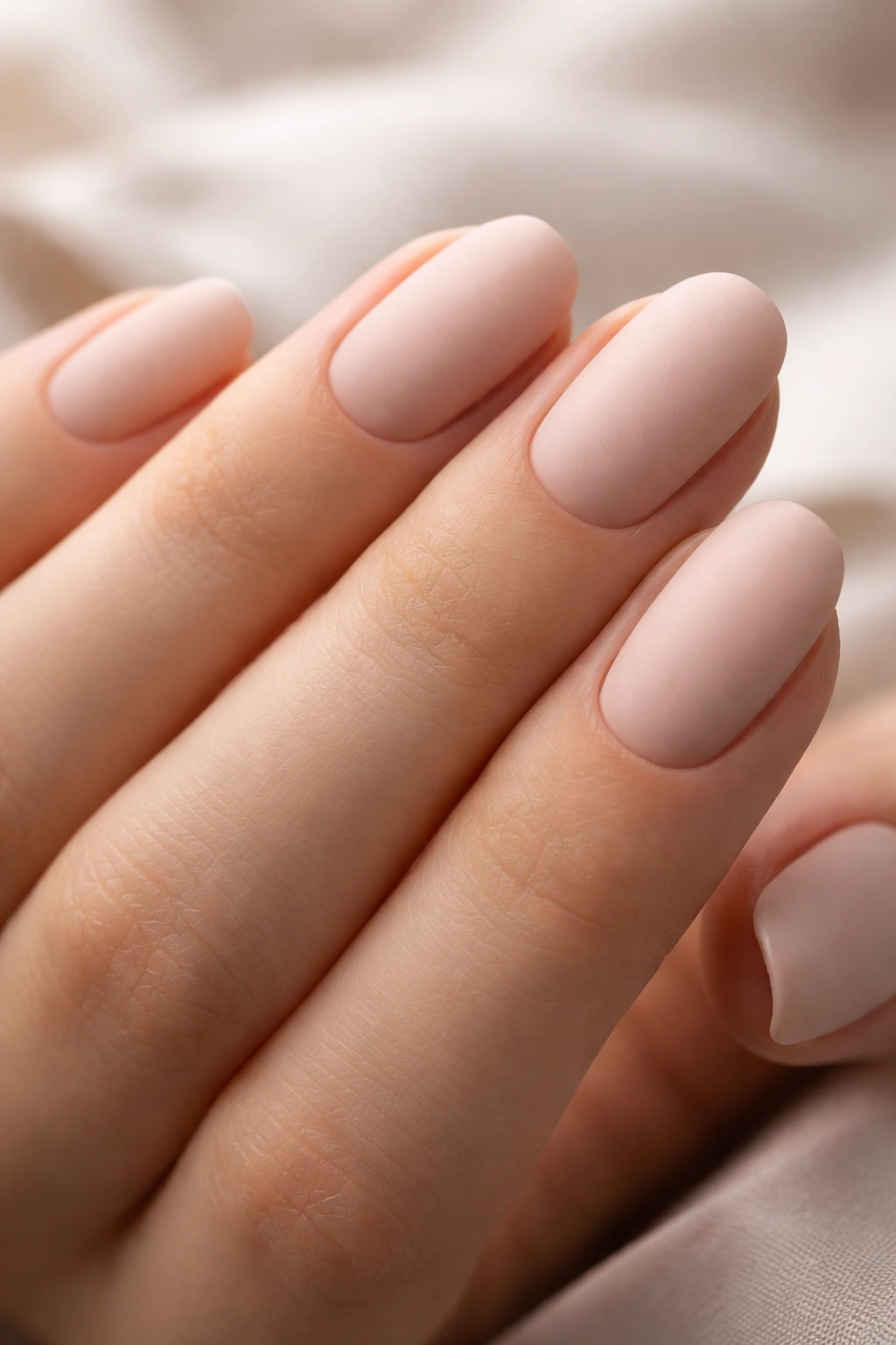 Natural nails with a velvety matte finish in a nude shade
