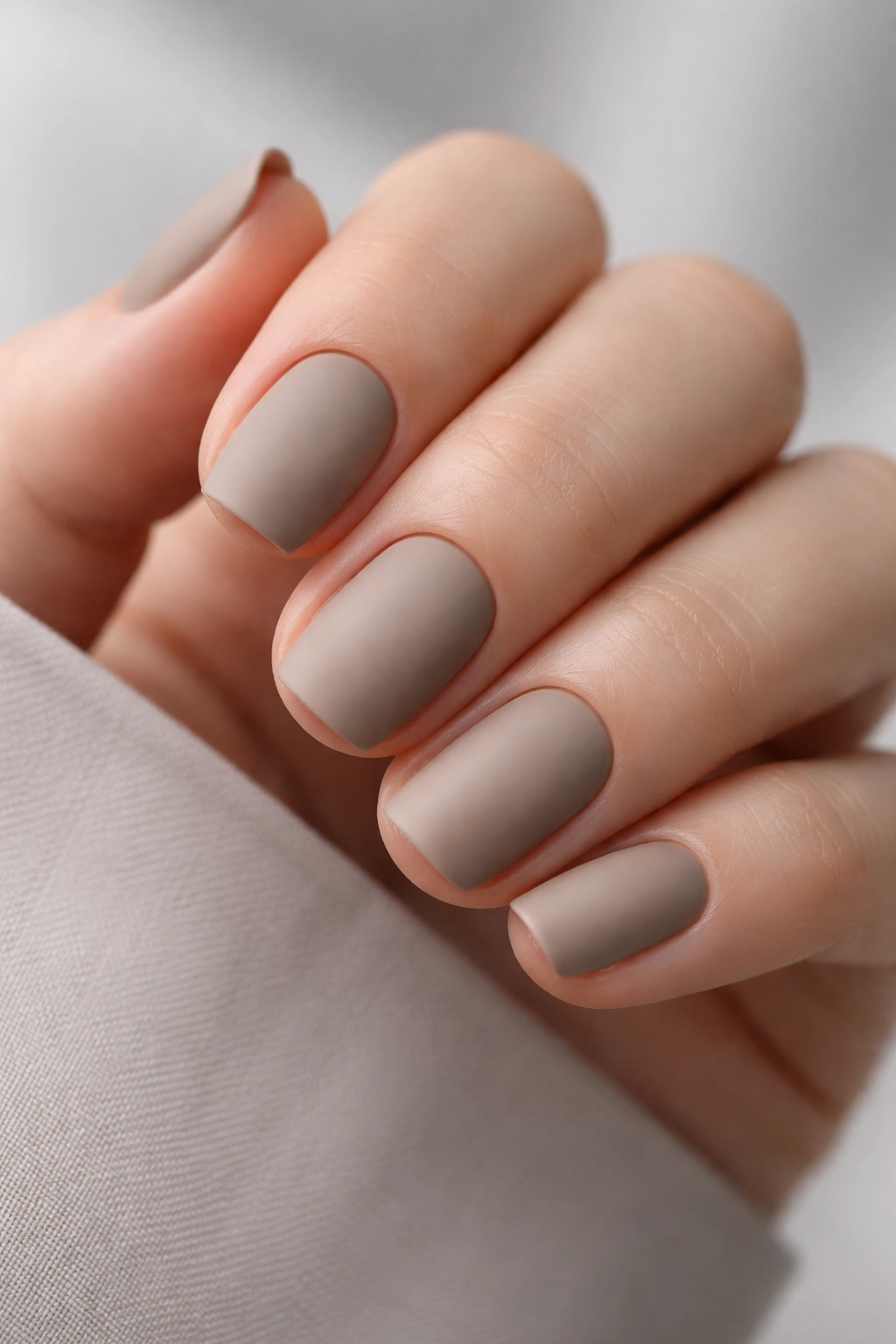 Close-up of hand with matte taupe nails on a neutral background