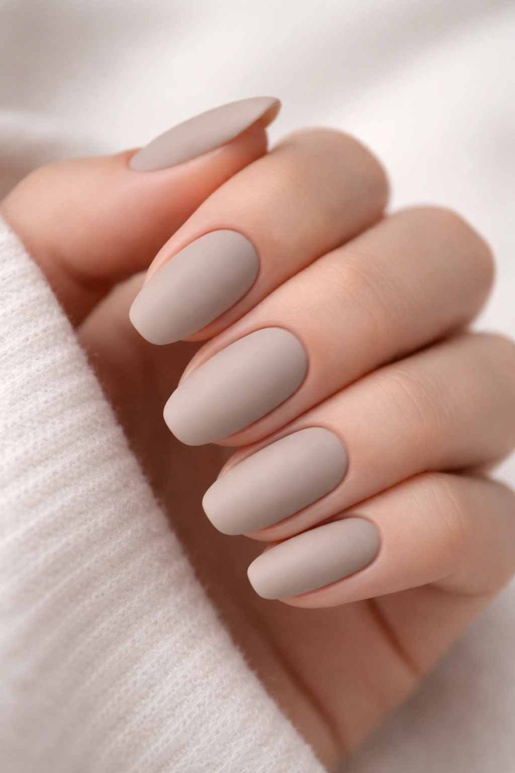 Nails with matte neutral beige taupe finish.