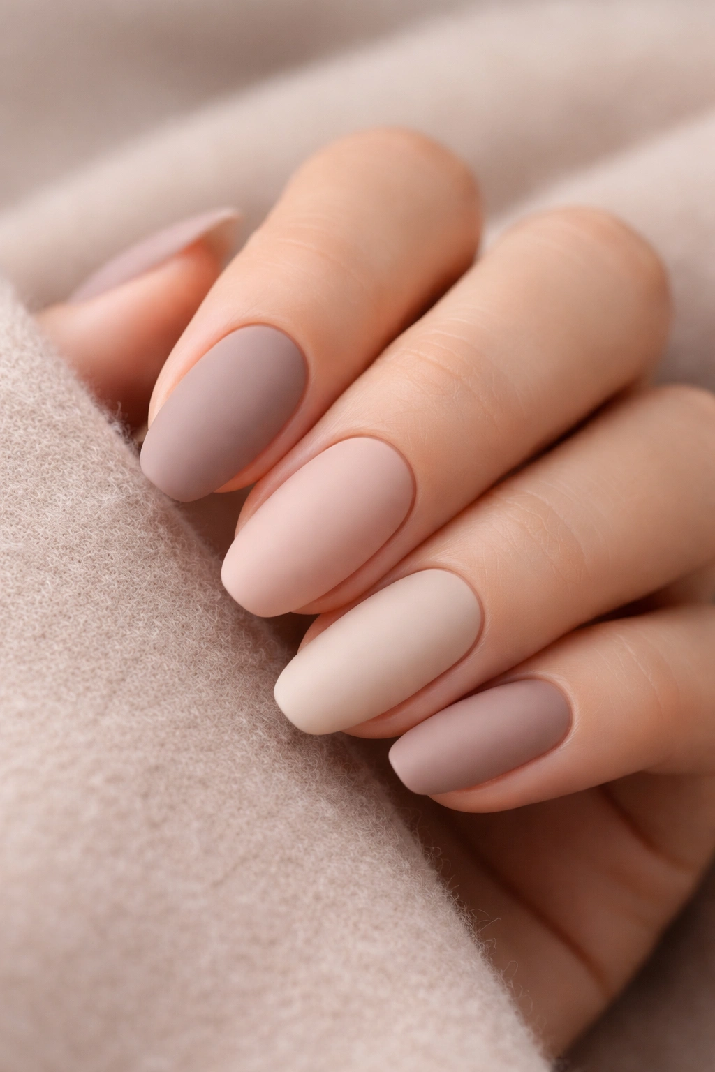 Close-up of matte nude nails with a velvety texture
