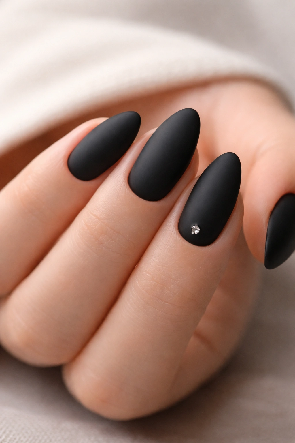 Close-up of black matte almond nails with a single rhinestone near the cuticle