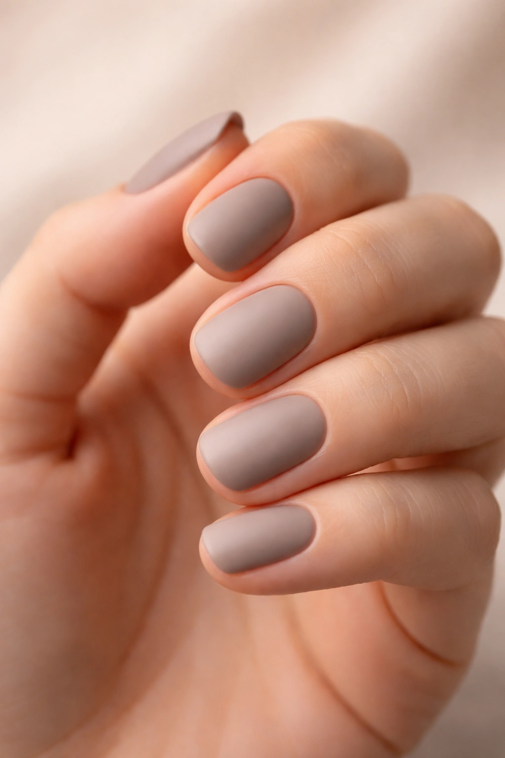 Close-up of short nails with a matte polish in neutral tones