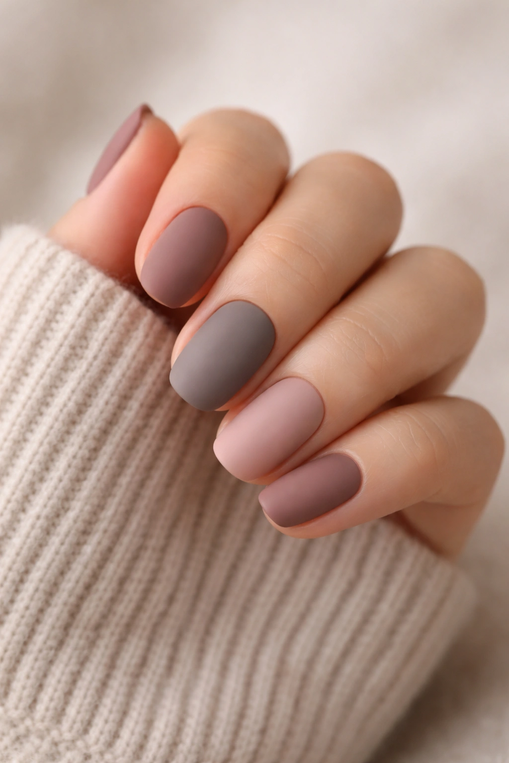 Close-up of matte short oval nails in muted tones with velvety finish