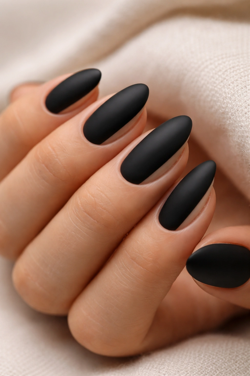 Close-up of black matte almond nails with a side cut