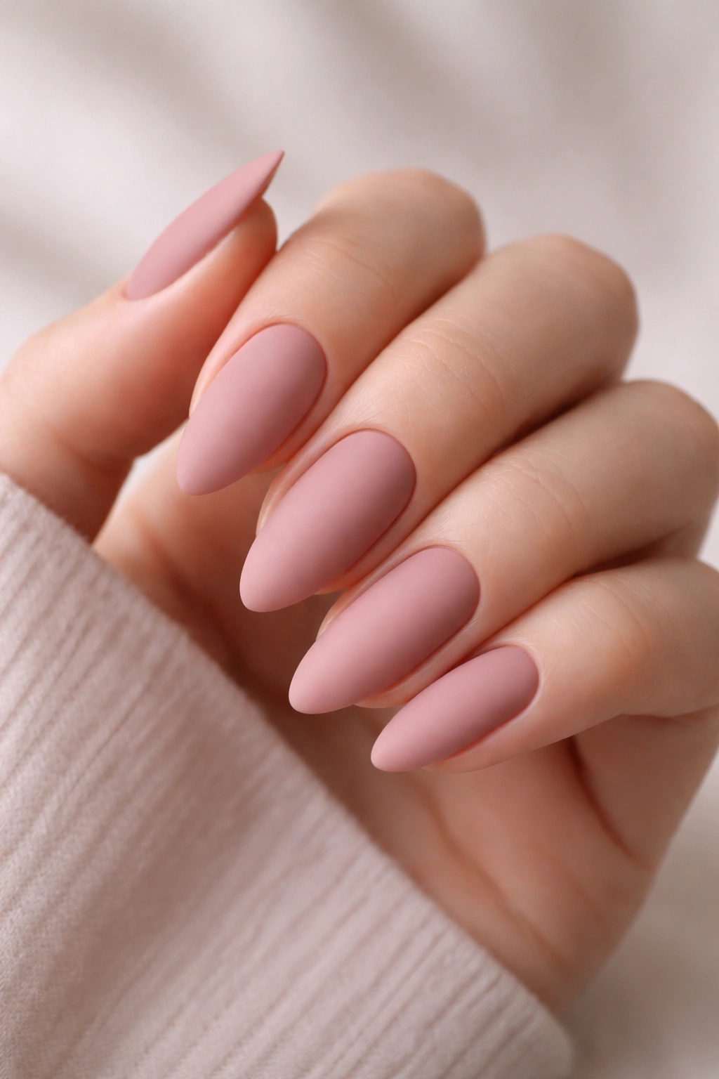 Close-up of matte nails in a soft shade with velvety texture