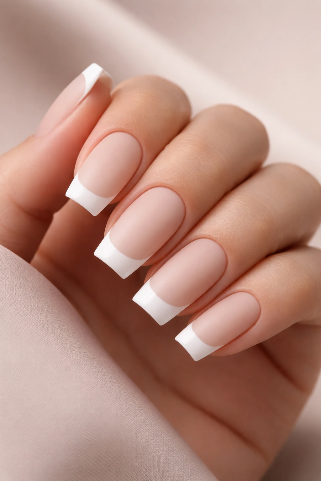Close-up of matte finish soft square tips on nude base