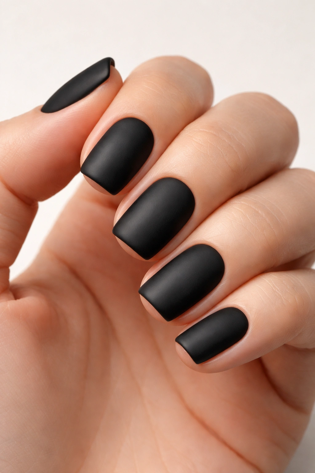 Close-up of short squoval nails with matte black finish