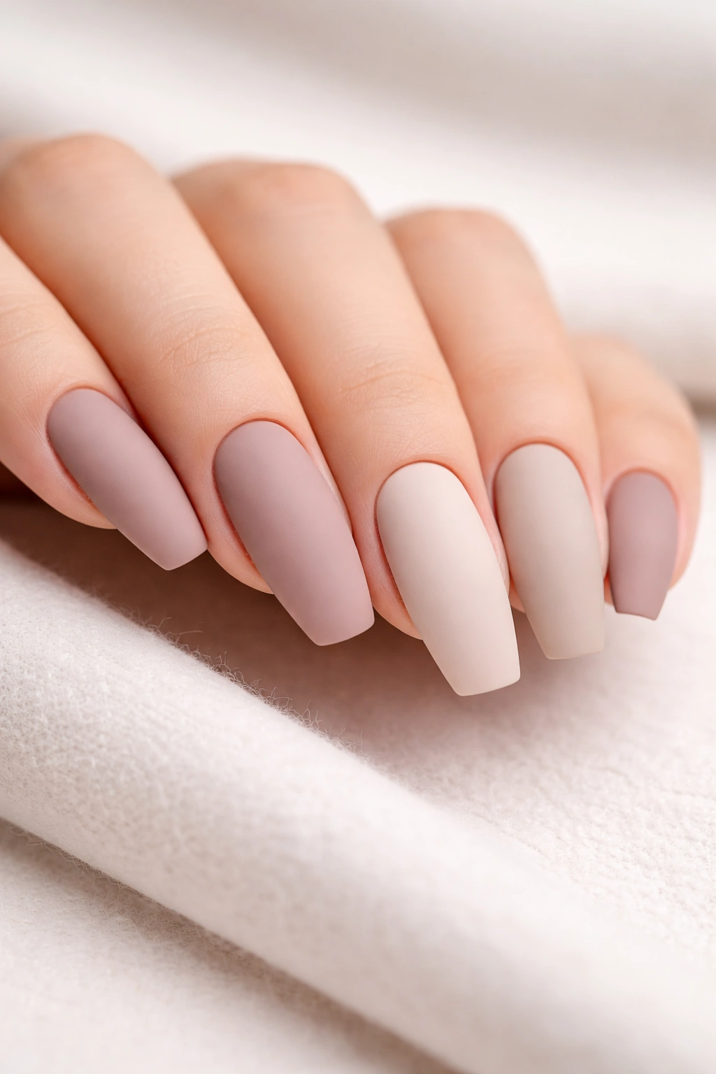 Close-up of matte nails on a neutral surface
