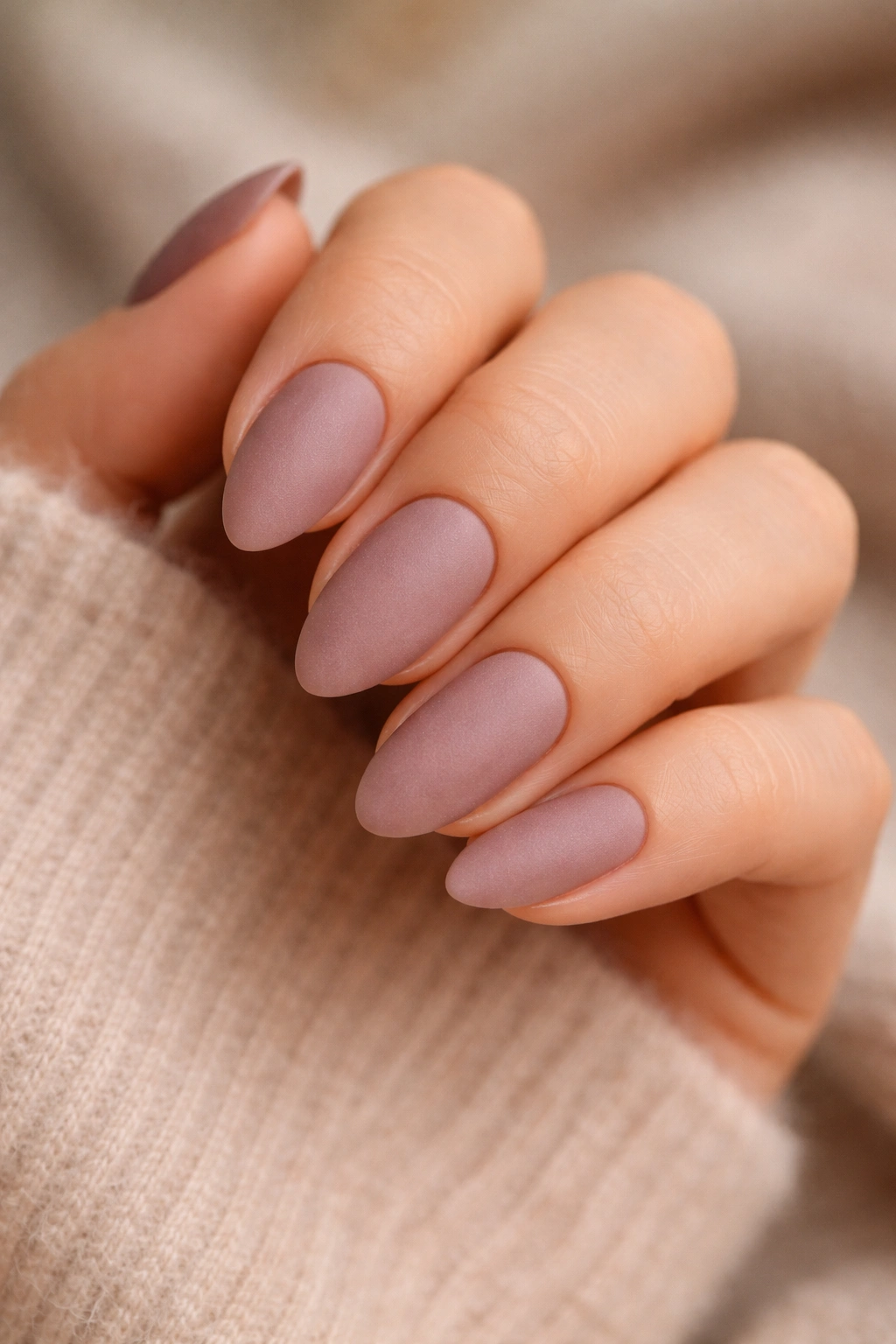 Close-up of matte almond nails with a velvet finish in taupe.