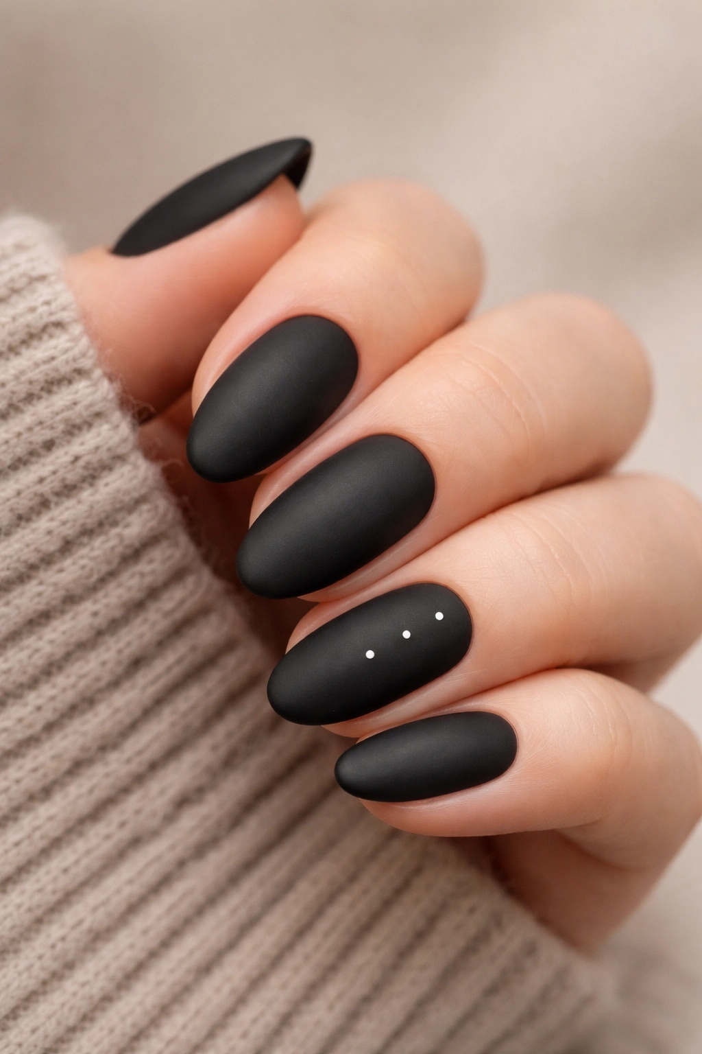 Close-up of matte black almond nails with tiny white dots