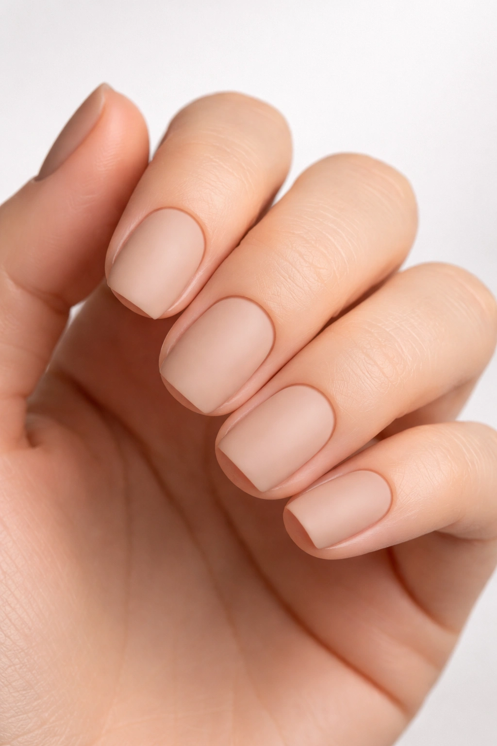 Close-up of short squoval nails with matte natural nude finish on a hand