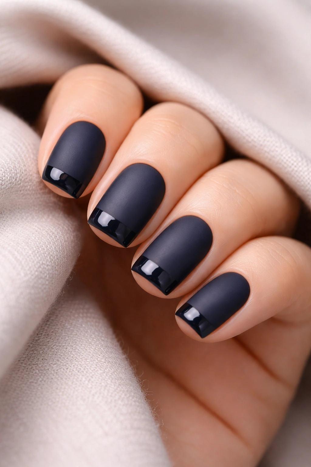 Matte navy nails with glossy tips on squoval nails