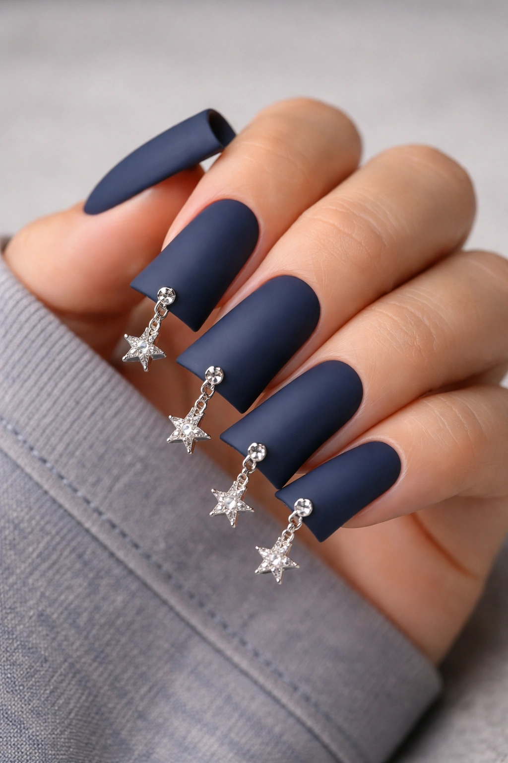 Close-up of matte navy duck nails with silver star charms