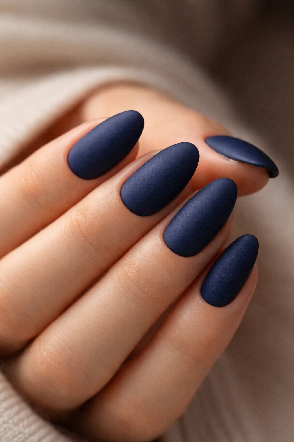 Matte navy almond nails with velvety texture