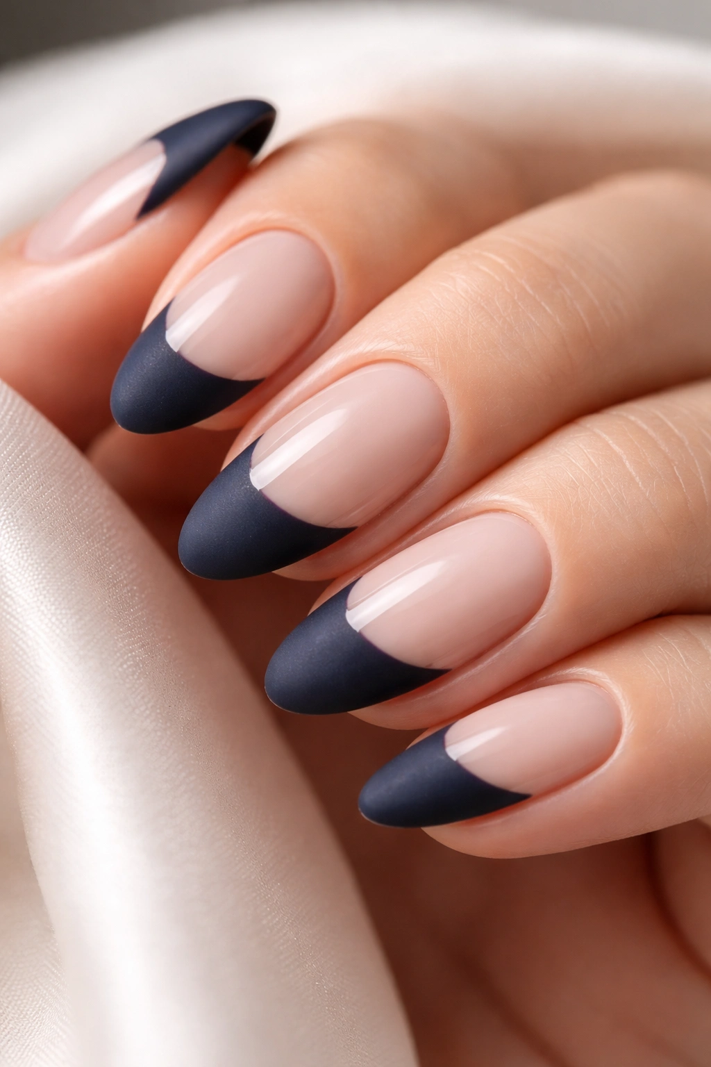 Close-up of short almond nails with a navy matte tip on a glossy nude base