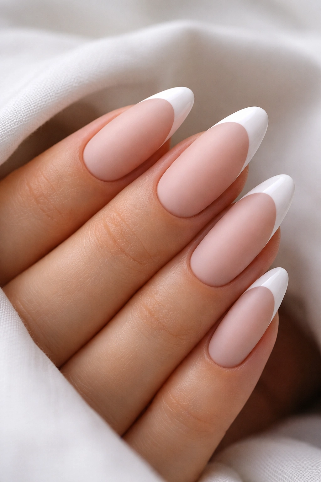 Close-up matte nude almond nails with glossy white French tips