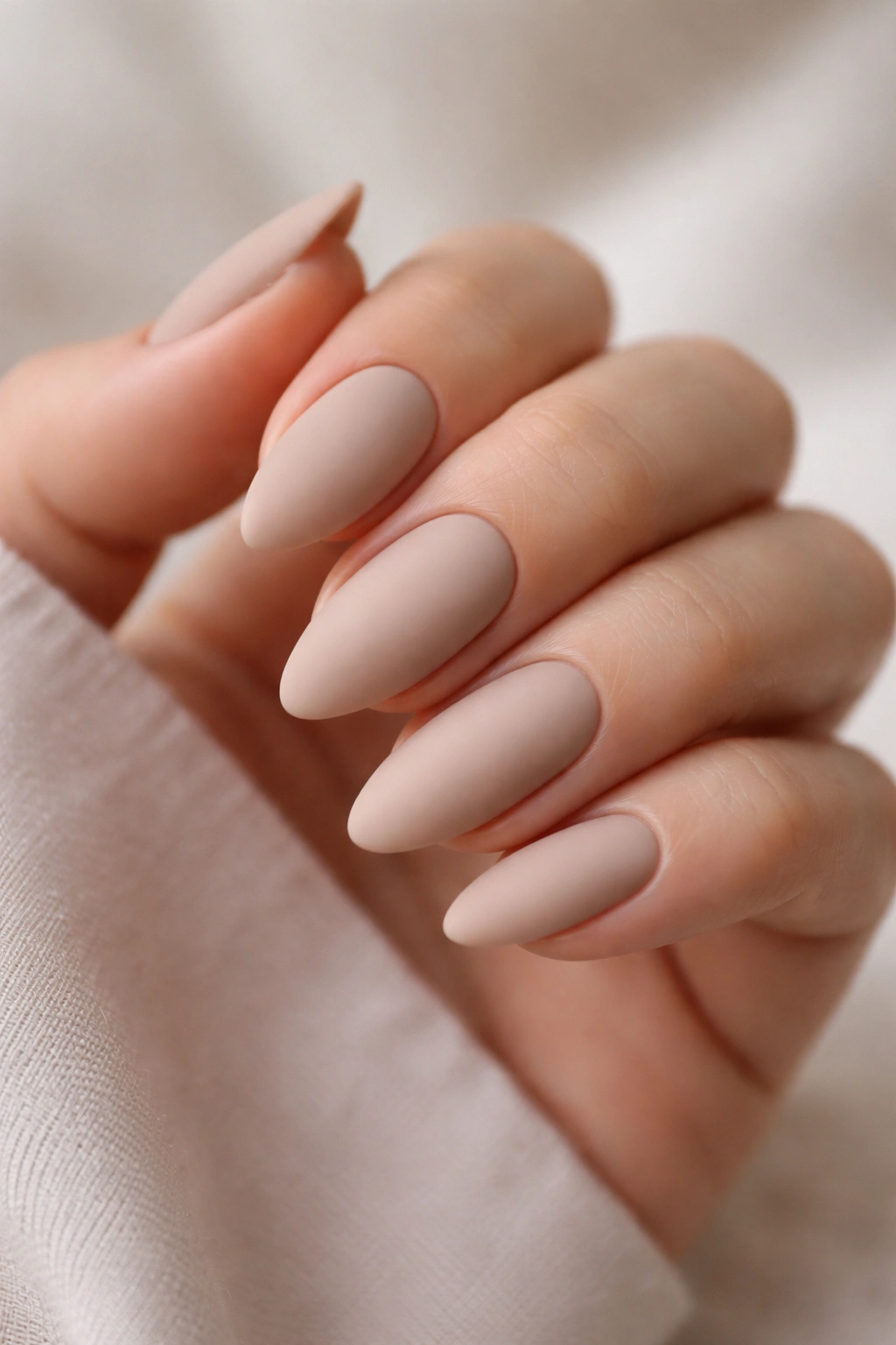 Close-up of matte nude almond nails in taupe beige