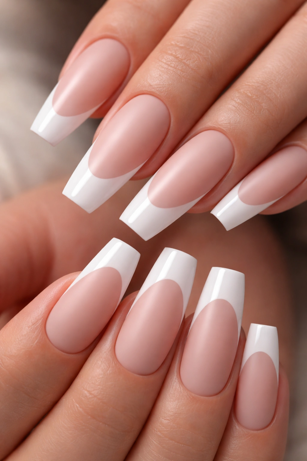 Nails with matte nude base and glossy white tips