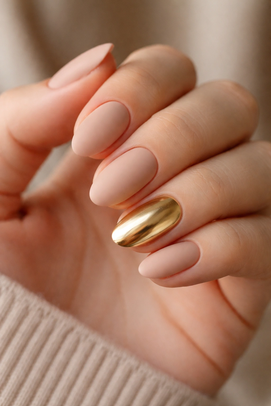Five short almond nails with four matte nude and one gold chrome accent nail