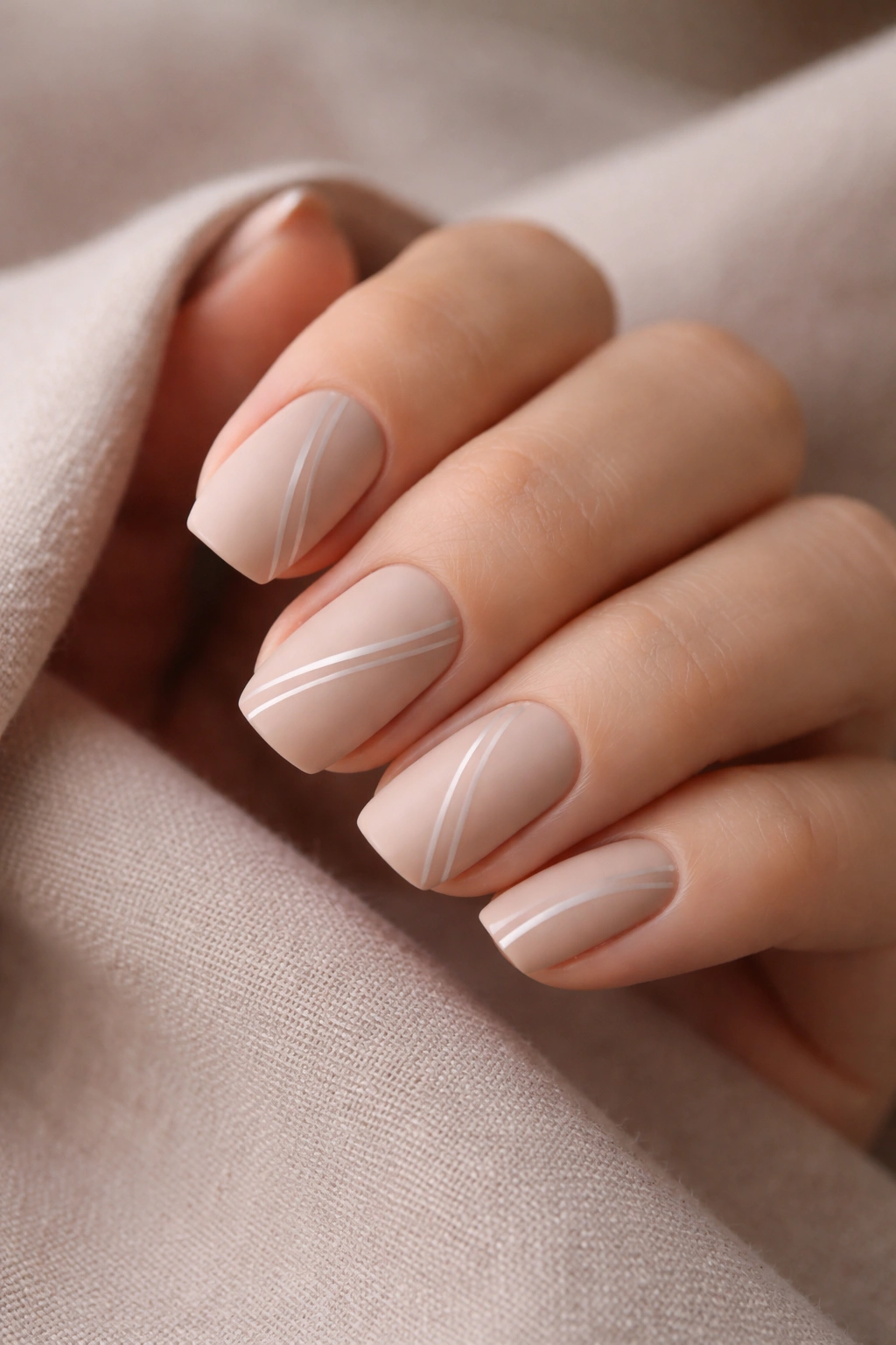 Close-up of matte nude nails with thin minimalist lines on short squoval nails