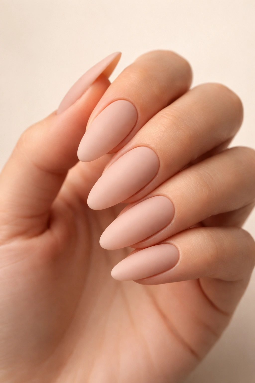 Close-up of soft matte nude acrylic nails on a natural-toned hand.
