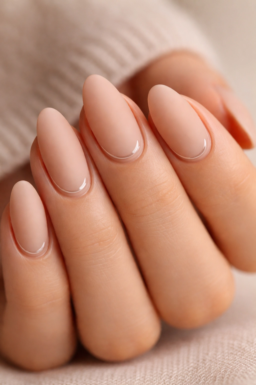 Close-up of a matte nude almond nail with glossy cuticle detail