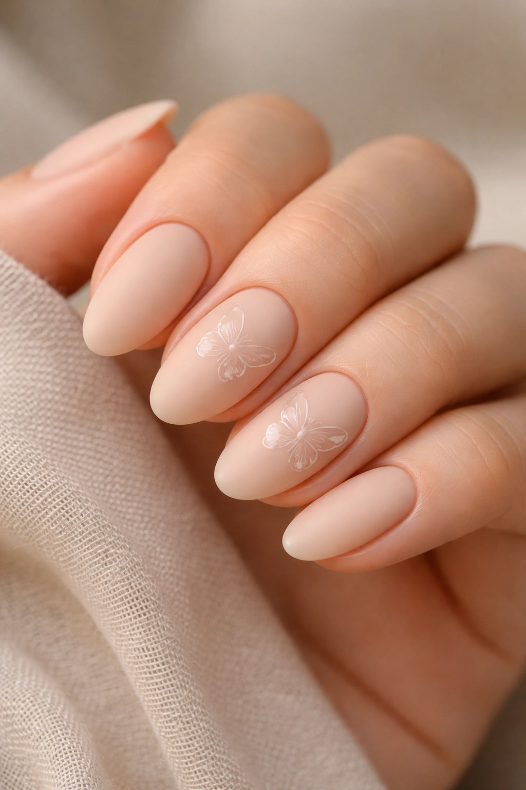 Matte nude nails with glossy butterfly silhouettes
