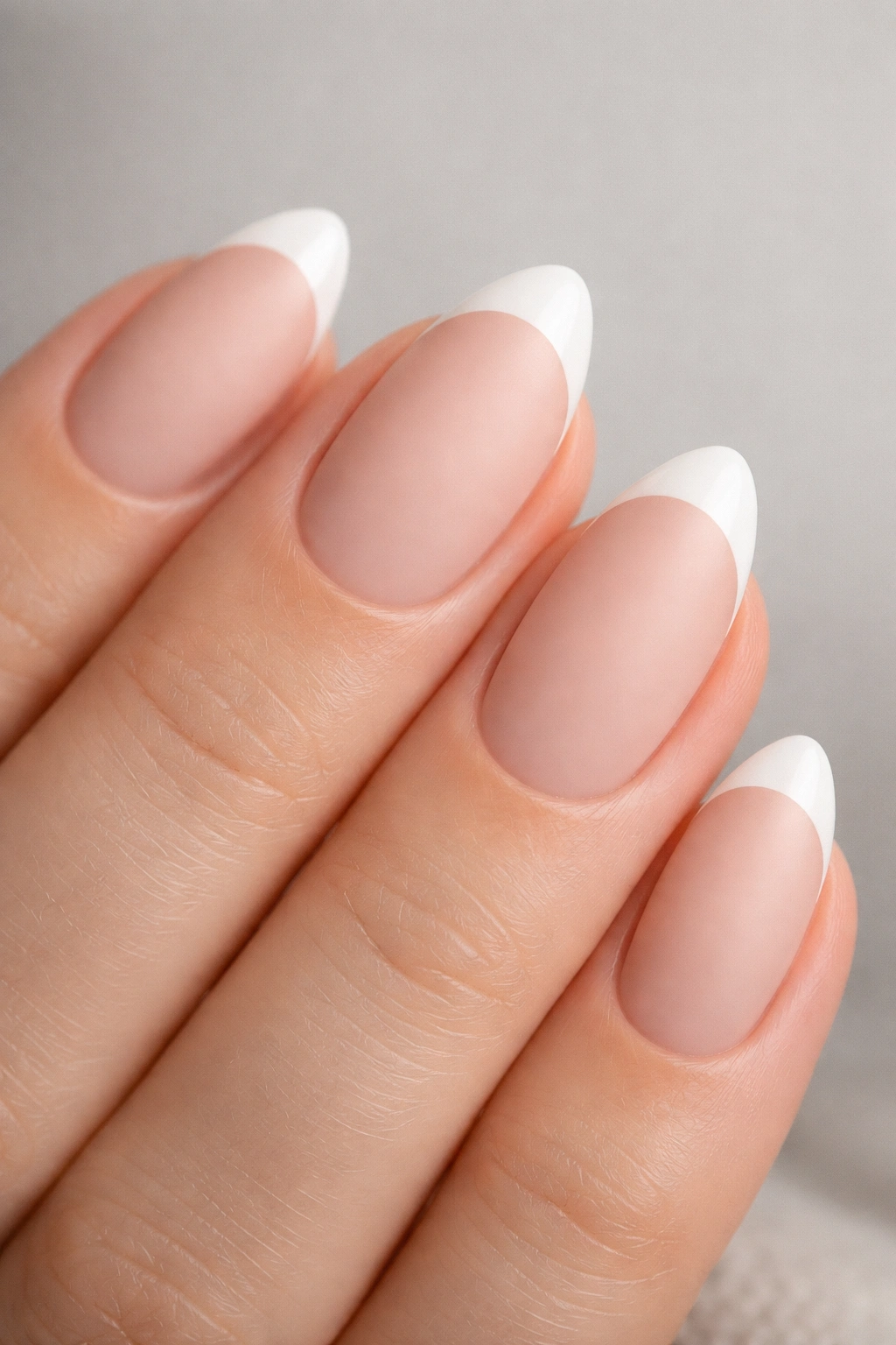 Close-up of an extra-short almond nail with matte nude base and glossy French tip